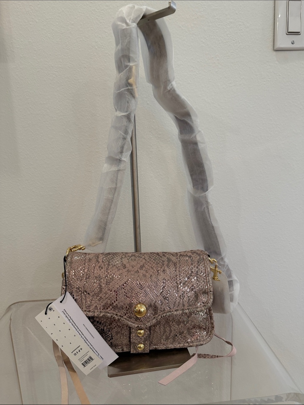 Glitter Python-Print Leather Crossbody Bag in Rose Gold
